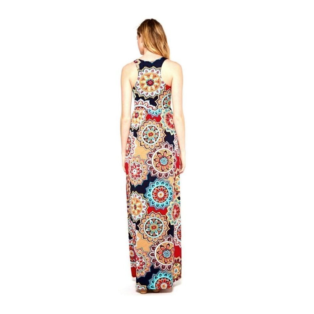 Bohemian Racer-Back Tank Multi-color Navy Red Flower Medallion Maxi Dress XL - Picture 4 of 12